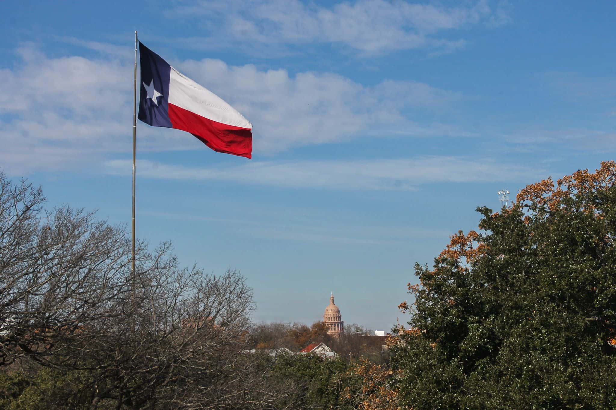 Texas flag in front of Texas State Capitol
