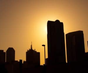 Backlight of buildings at sunset