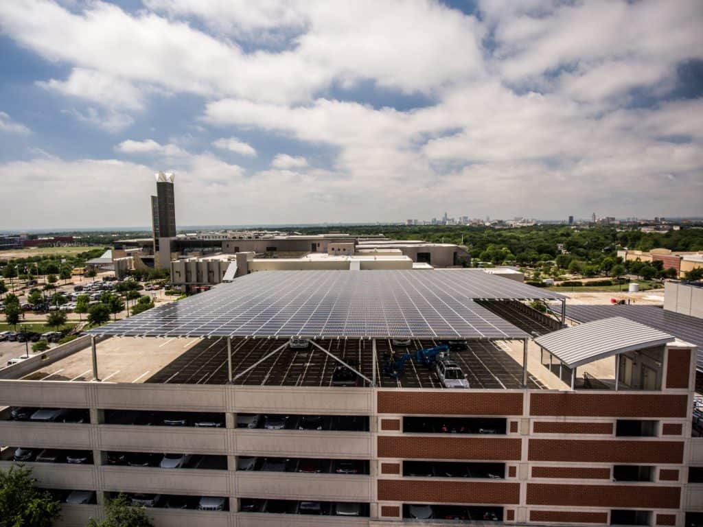 Solar panels on parking garage roof