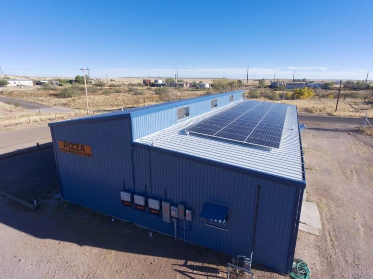 Solar panels installed in Pizza Foundation's roof in Marfa, Texas