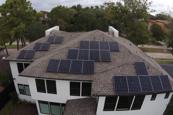 Roof view of house with solar panels installed