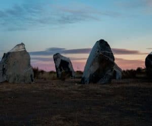 "Stone circle" art installation at night in Marfa, Texas