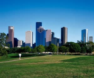 Downtown Houston view from a park