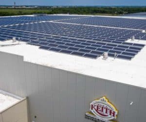 Roof of the Ben E. Keith Company in Fort Worth, Texas with solar panel array installed