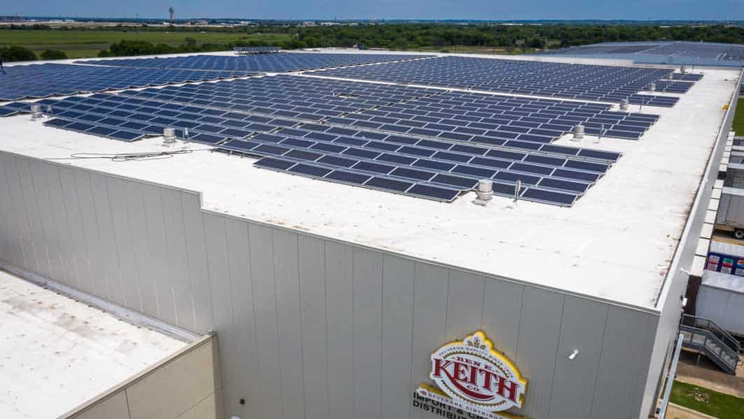 Roof of the Ben E. Keith Company in Fort Worth, Texas with solar panel array installed