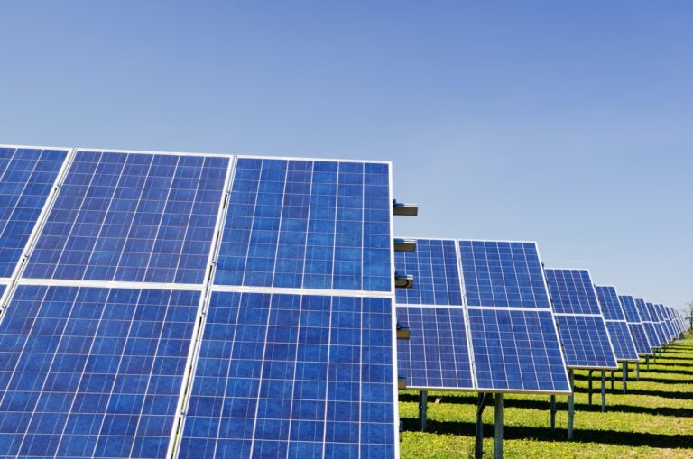 A solar farm showcasing an array of solar panel systems in a grass field.