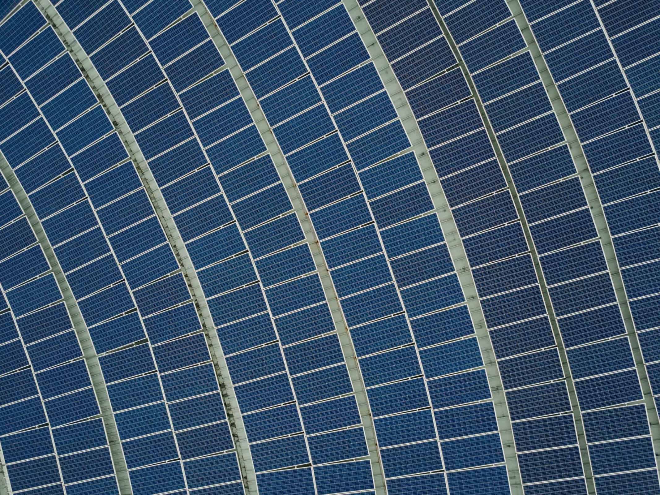 Aerial view of solar panel arrays