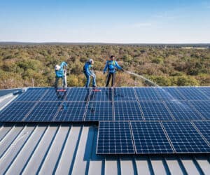 Solar panel service professionals cleaning a solar array