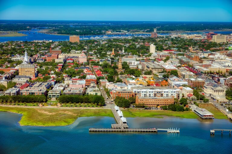 An aerial view of Charleston, South Carolina's cityscape with water views