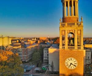 Wide-scale view of the UNC bell tower on campus in Chapel Hill, North Carolina
