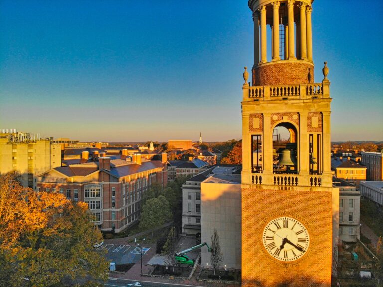 Wide-scale view of the UNC bell tower on campus in Chapel Hill, North Carolina