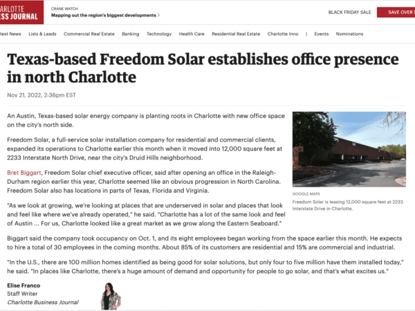 Texas-based Freedom Solar establishes office presence in north Charlotte