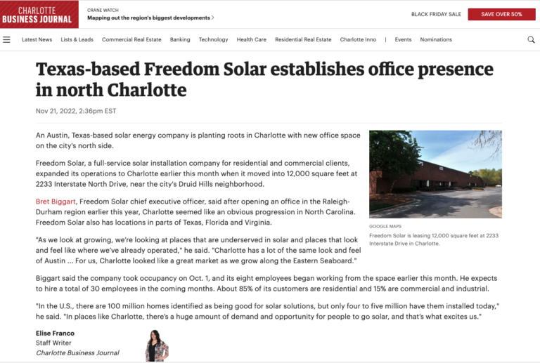 Screenshot of Charlotte Business Journal news on Freedom Solar's offices in north Charlotte