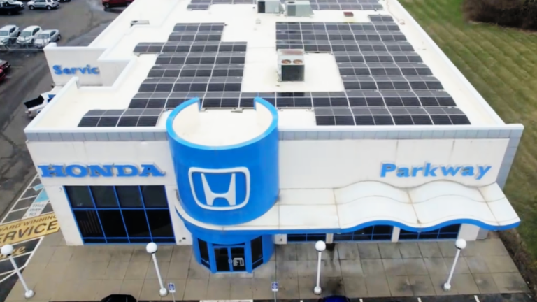 Rooftop with solar panels, Honda Parkway company in Dover, Ohio