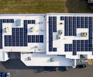 Above view of Honda dealership's roof with solar panels installed in the city of Ohio