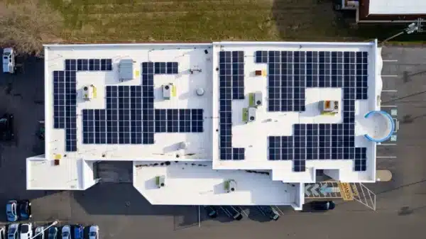 Above view of Honda dealership's roof with solar panels installed in the city of Ohio