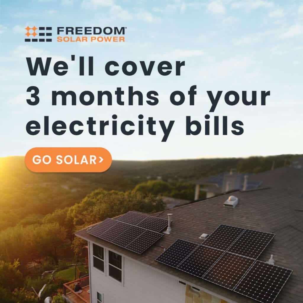Solar panel image with text saying "we'll cover 3 months of your electricity bills"