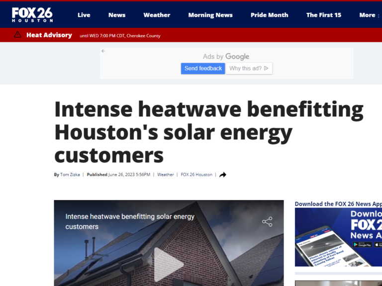 Fox 26 Houston news about intense heatwave benefitting solar energy customers