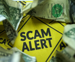 Yellow sign that says "scam alert" with scrunched dollar bill surrounding it.
