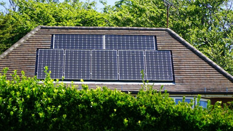 The roof of a house with solar panels on it surrounded by trees
