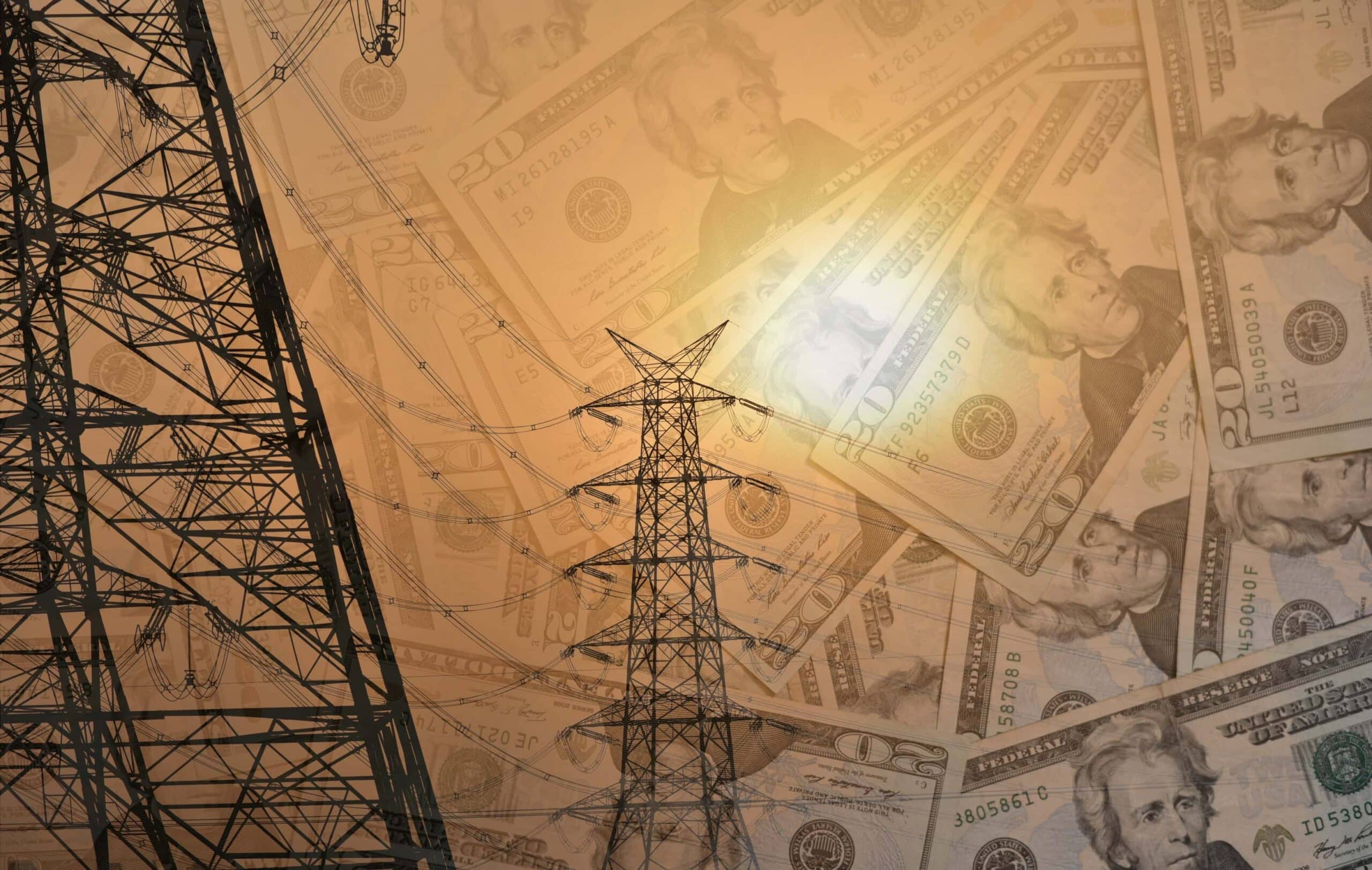 Power lines against a dollar bill background