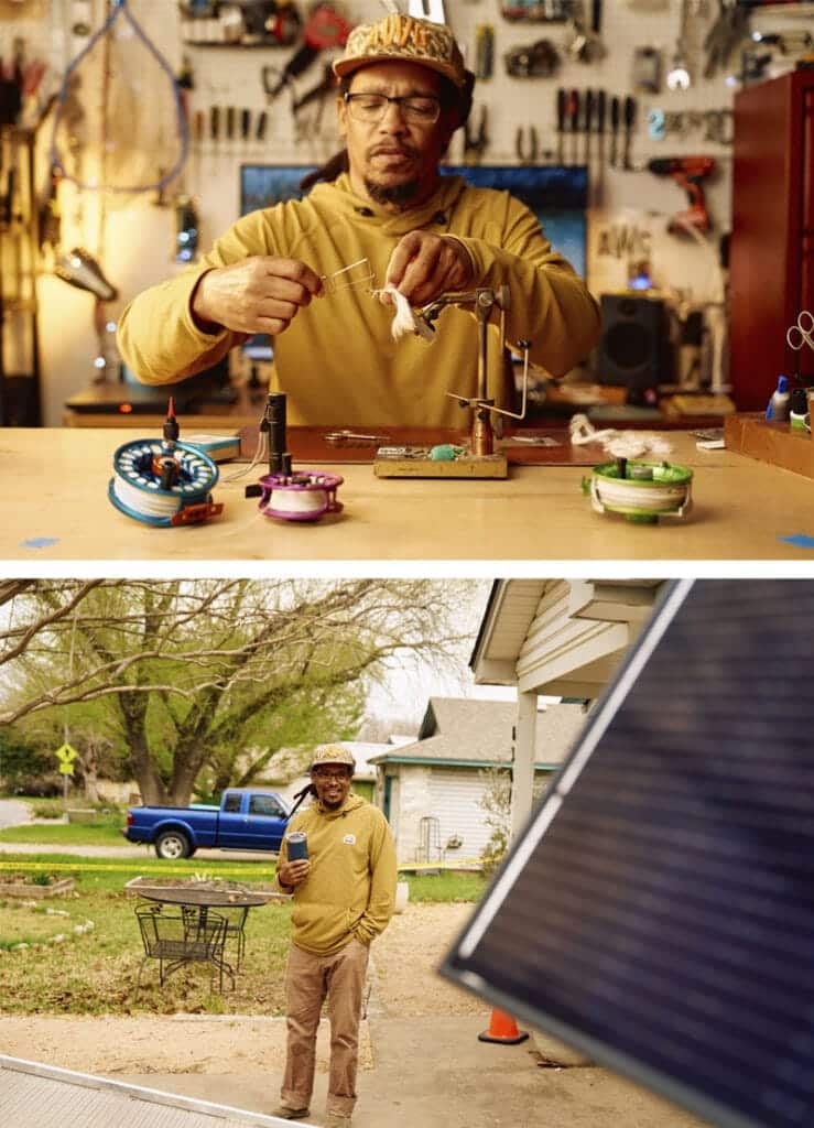 man making fly fishing rig and man looking at solar panel